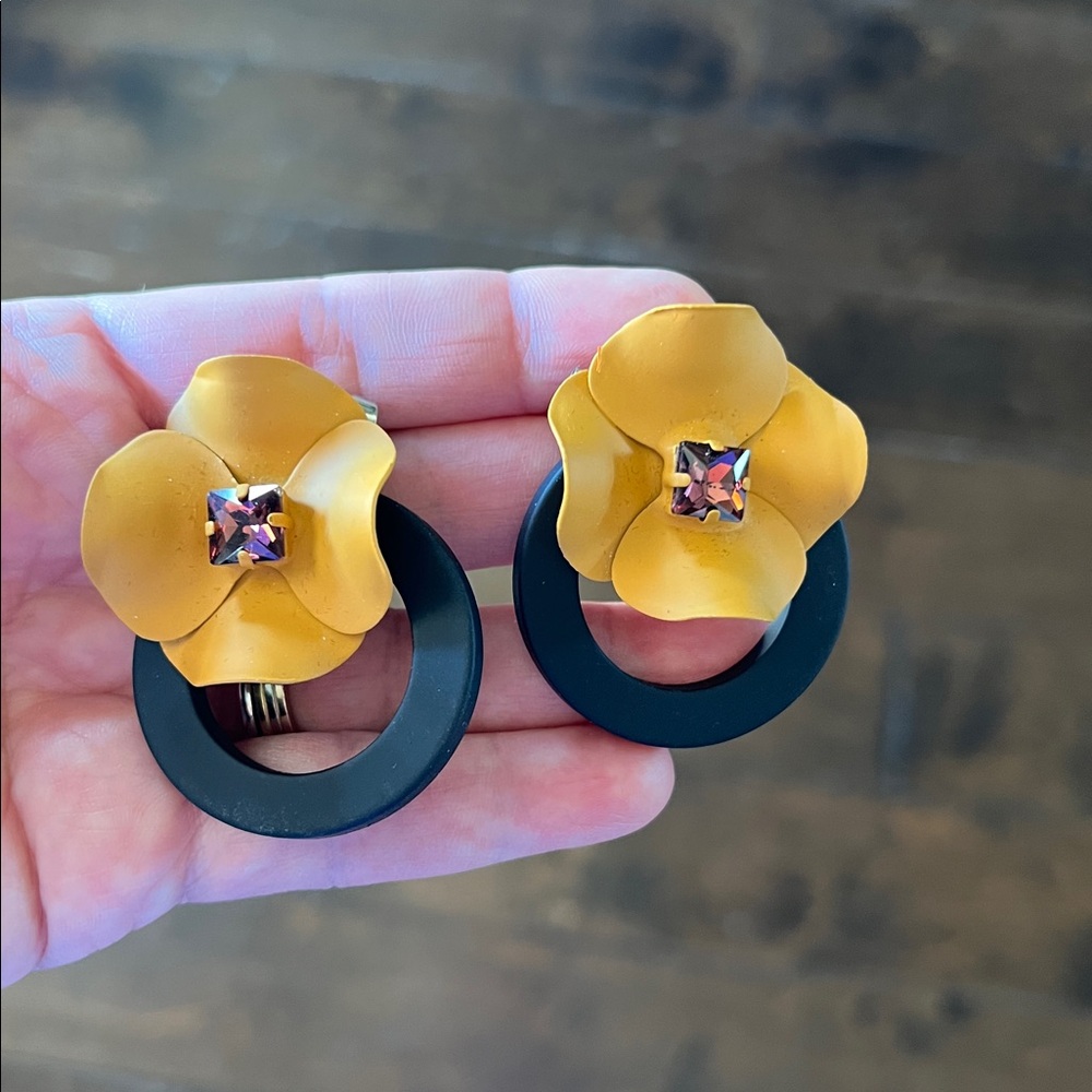 Stainless steel Yellow Floral Earrings with Black Hoops